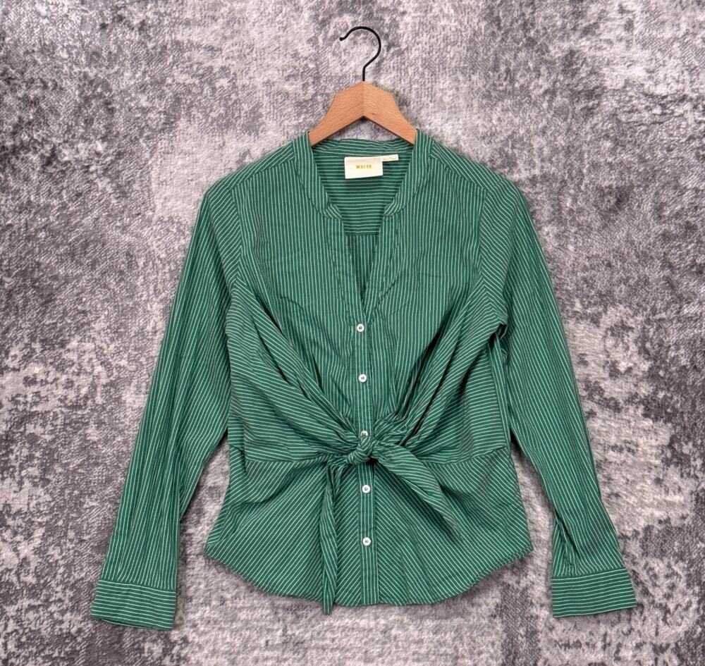 Anthropologie Top 6 Womens Maeve Green Striped Tie Front Shirt